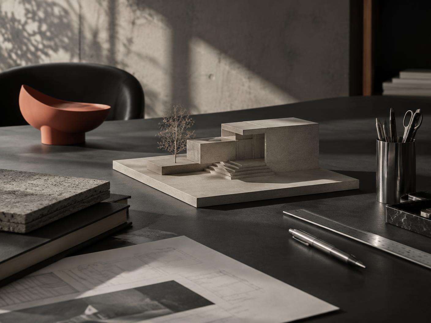 Architectural model on a dark studio desk