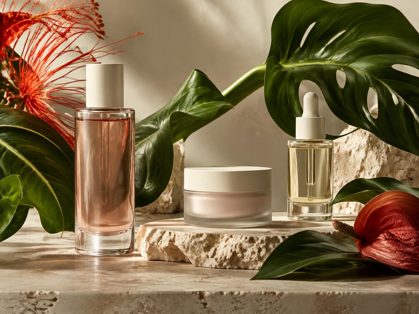 Botanical skincare products among green leaves